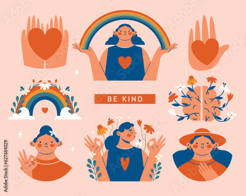 Mental health support. Hand drawn set of vector illustrations with women, young persons, hands, heart, rainbow, brain, flowers, labels. Modern minimal stickers, clip arts with funny characters.