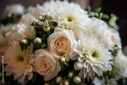 Close up of a white wedding bouquet of flowers. Generative AI