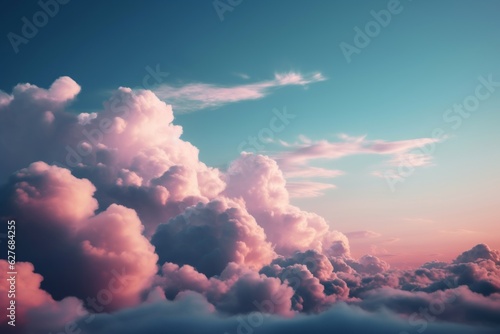 Clouds in the sky with a pink and blue gradient background. Generative AI