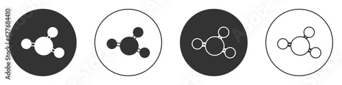 Black Molecule icon isolated on white background. Structure of molecules in chemistry, science teachers innovative educational poster. Circle button. Vector