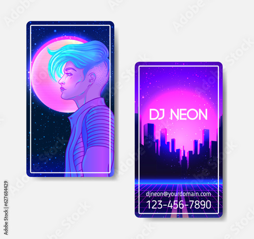 Futuristic synth wave style. Retroparty flyer template. Portrait of a young pretty androgynous woman with short shaved pixie undercut in retro futurism style. Vector illustration in neon bright color
