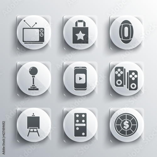 Set Domino, Casino chips, Gamepad, Online play video, Easel or painting art boards, Joystick for arcade machine, Retro tv and American Football ball icon. Vector
