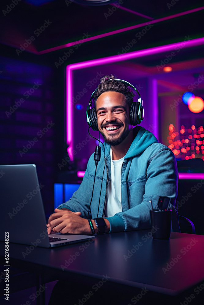 Happy Man Recording Social Media Podcast in Neon Studio with Blogging Equipment, ai generative Happy Man Recording Social Media Podcast in Neon Studio with Blogging Equipment, ai generative