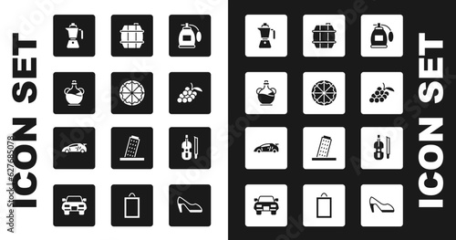 Set Perfume, Pizza, Bottle of olive oil, Coffee moca pot, Grape fruit, Barrel for wine, Violin and Sport racing car icon. Vector