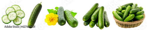 Village cucumbers. Sliced cucumbers. Cucumber close-up. Bunch of cucumbers. Cucumbers in a basket. A set of cucumbers. Isolated on a transparent background. KI.