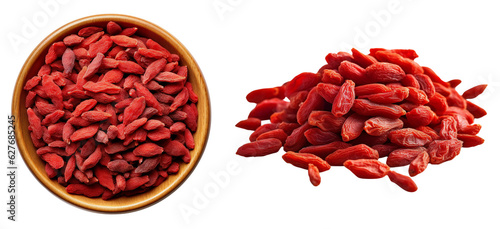 Goji berries in a bowl. Bunch of goji berries. Goji set. Isolated on a transparent background. KI.