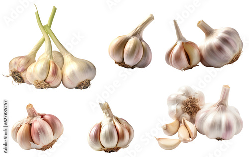 Garlic set. Garlic close-up. A bunch of rustic garlic. Garlic cloves. Isolated on a transparent background. KI.