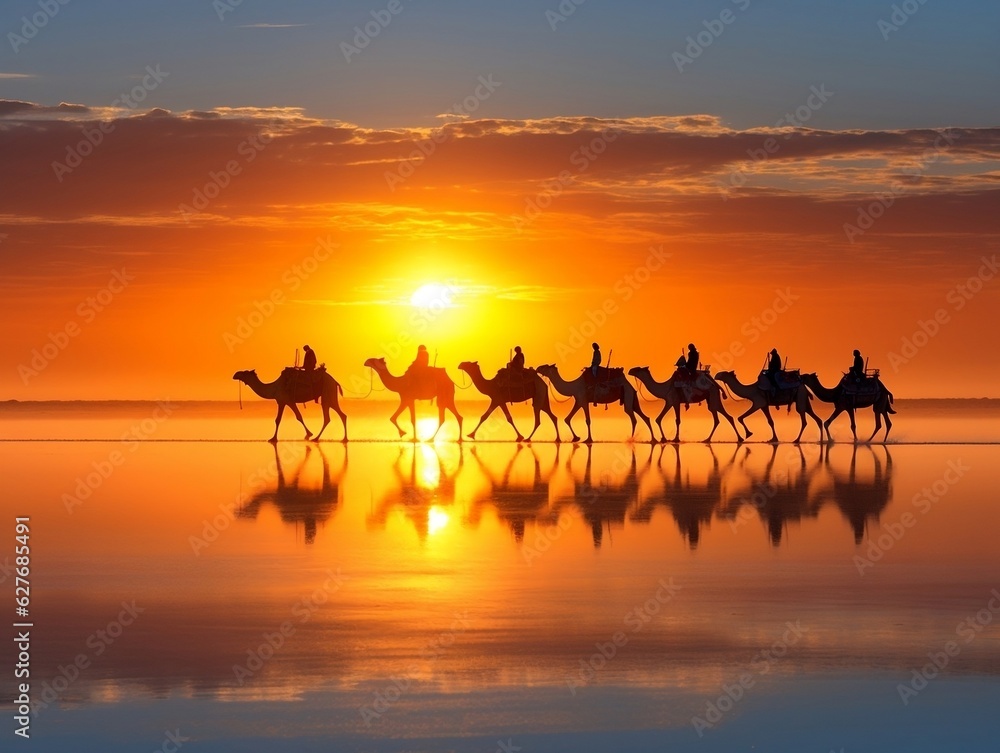 Camels silhouette on the salt lake at sunrise generative ai