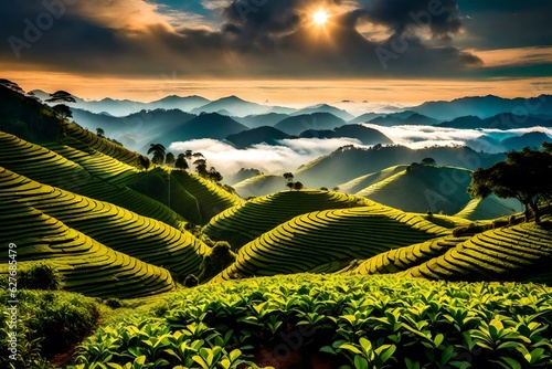 Welcome to Cameron Highlands, Malaysia, where the sunrise paints the sky with a mesmerizing palette of colors over the green tea farm mountains generative ai technology 