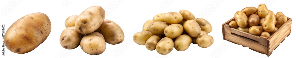 Farm potatoes. Potatoes close-up, a lot of potatoes. Potatoes in a wooden box. A set of potatoes. Isolated on a transparent background. KI. Farm potatoes. Potatoes close-up, a lot of potatoes. Potatoes in a wooden box. A set of potatoes. Isolated on a transparent background. KI.