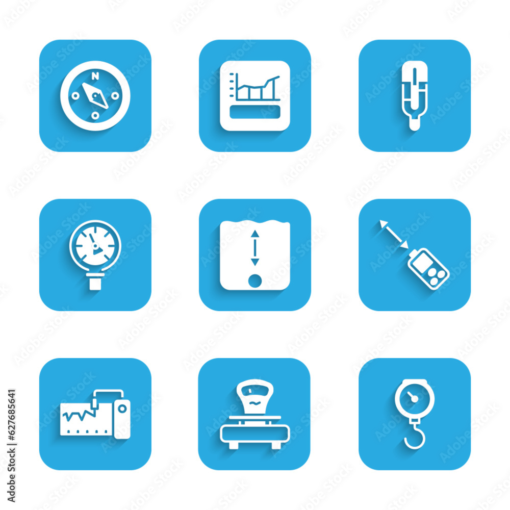 Set Depth measurement, Scales, Hand scale spring mechanical, Laser distance measurer, Measuring instrument, Pressure water meter, Medical thermometer and Compass icon. Vector Set Depth measurement, Scales, Hand scale spring mechanical, Laser distance measurer, Measuring instrument, Pressure water meter, Medical thermometer and Compass icon. Vector