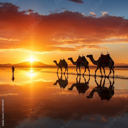 Camels silhouette on the salt lake at sunrise generative ai