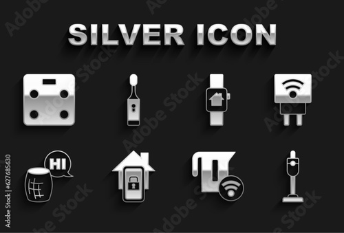 Set Mobile with smart home, Smart electric plug, Vacuum cleaner, kettle, Voice assistant, watch, bathroom scales and Electric toothbrush icon. Vector