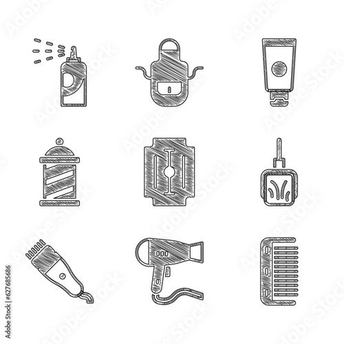 Set Blade razor, Hair dryer, Hairbrush, Dustpan, Electrical hair clipper, Barber shop pole, Cream cosmetic tube and Spray can for hairspray icon. Vector