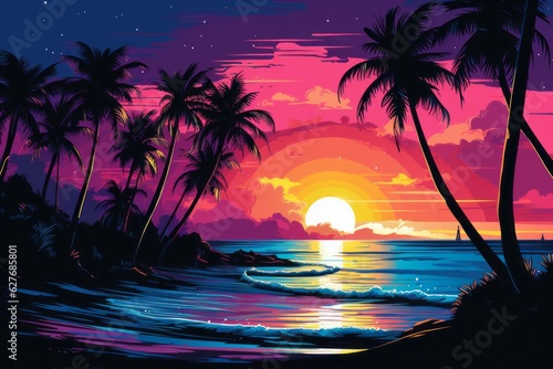 Neon cartoon design view of sunset and palms, beach. Beautiful illustration picture. Generative AI