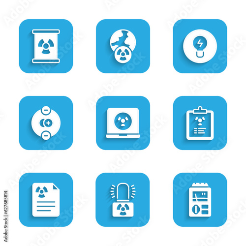 Set Nuclear laptop, Radioactive warning lamp, Dosimeter, Radiation document, Atom, Light bulb with concept of idea and waste barrel icon. Vector