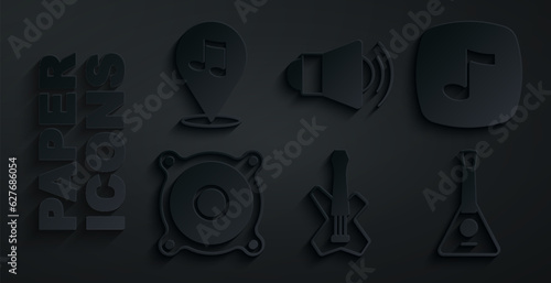 Set Electric bass guitar, Music note, tone, Stereo speaker, Balalaika, Megaphone and Location musical icon. Vector