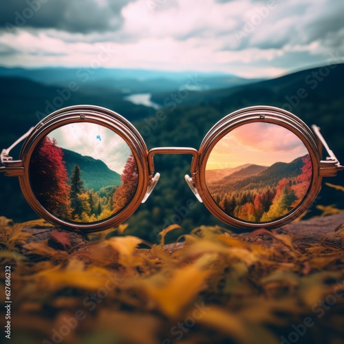 Focused view. Nature seen through glasses. Beautiful illustration picture. Generative AI