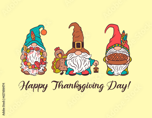 Happy Thanksgiving day greeting card. Cute fall design with gnome pilgrim, turkey bird, pumpkin spice pie and autumn wreath. Sweet characters swedish gnomes whimsical cottagecore theme vector image.