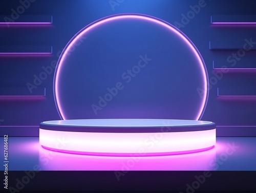 Beautiful futuristic modern podium with textured white wall and neon backlight generative ai
