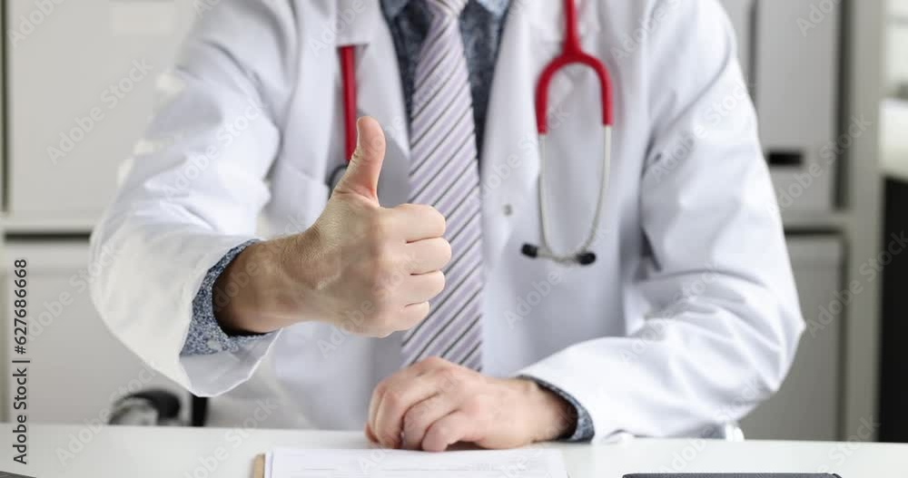 Doctor showing thumb up in office 4k movie. Quality of medical services concept Doctor showing thumb up in office 4k movie. Quality of medical services concept