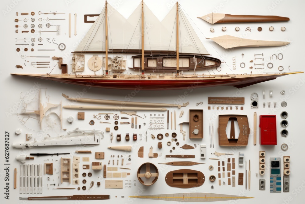 Sailing boat knolling layout, deconstructed. Beautiful illustration picture. Generative AI