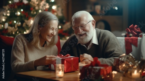 Senior couple in front of Christmas tree with presents. Generative AI