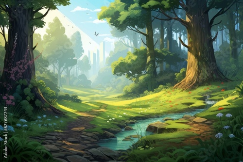 Peaceful forest at daytime. Beautiful illustration picture. Generative AI