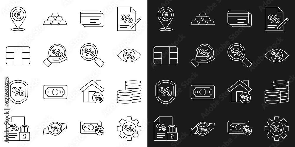 Set line Gear with percent, Coin money, Eye, Credit card, Discount tag, chip, Cash location and Magnifying glass icon. Vector