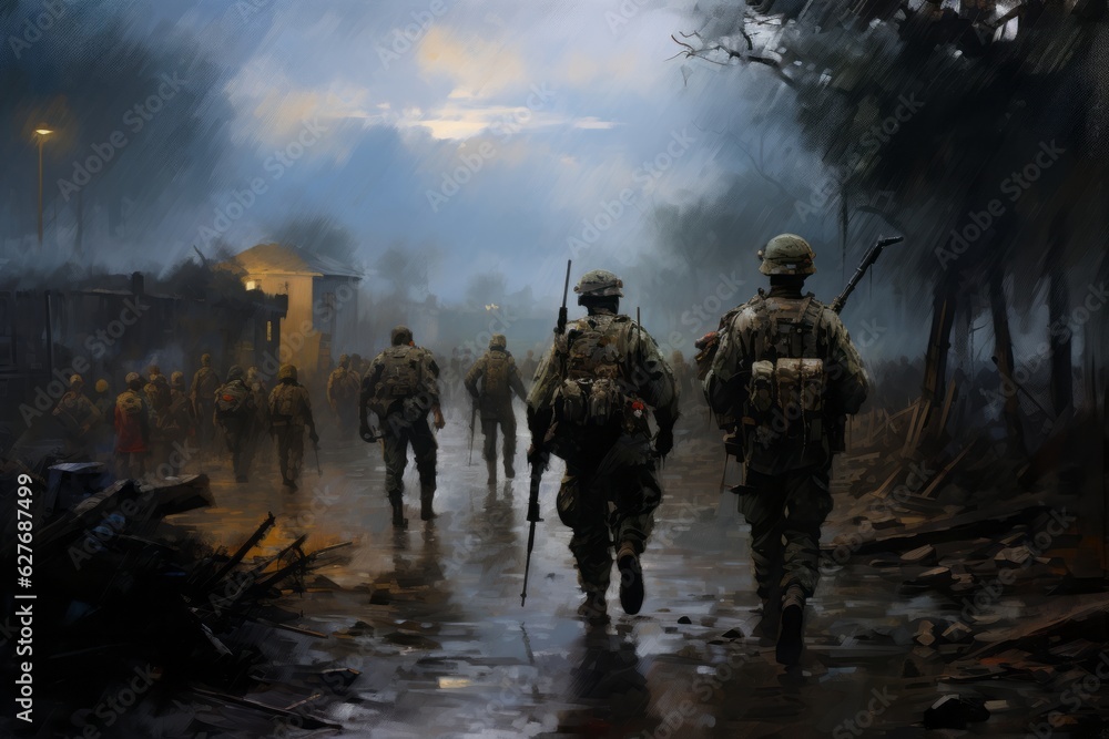 Rear view of soldiers that are in rural place. Beautiful illustration picture. Generative AI