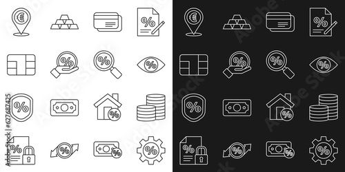 Set line Gear with percent, Coin money, Eye, Credit card, Discount tag, chip, Cash location and Magnifying glass icon. Vector