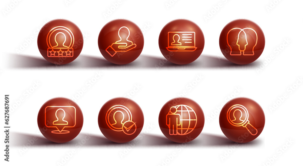 Set line Create account screen, Location with person, Project team base, Head hunting, Hand for search people, Magnifying glass and Laptop resume icon. Vector Set line Create account screen, Location with person, Project team base, Head hunting, Hand for search people, Magnifying glass and Laptop resume icon. Vector