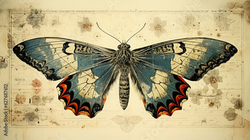 Vintage butterfly illustration print on Grunge background