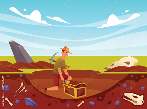 Vector archaeologist with cartoon human character with treasure chest