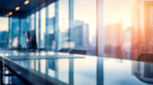 office business background, banner for advertising. Blurred in bokeh with sun glare office center, office, study. AI generation