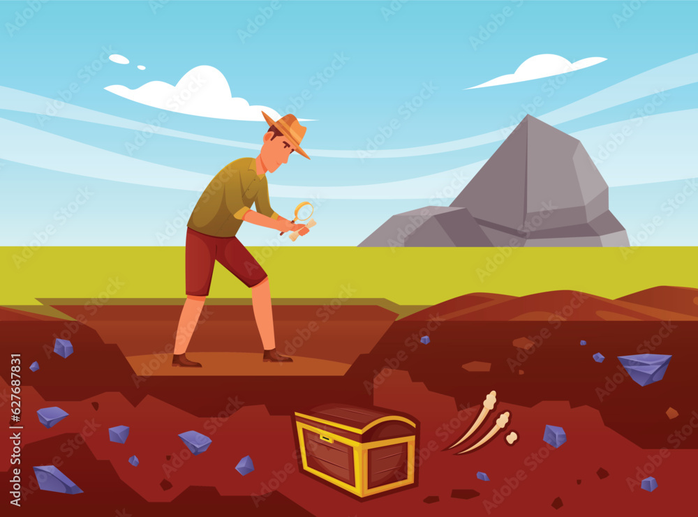 Vector cartoon illustration of an archaeologist observing with a magnifying glass