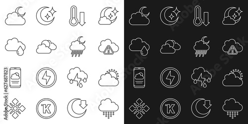 Set line Cloud with rain, Sun and cloud weather, Storm warning, Meteorology thermometer, moon and icon. Vector