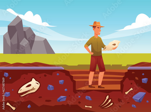 Vector cartoon illustration of archaeologist holding fossilized dinosaur head