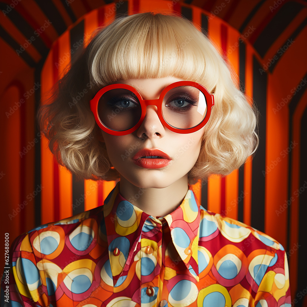 Portrait of a happy fair-haired woman in sunglasses Colourful psychedelic 1970s. AI generative. Portrait of a happy fair-haired woman in sunglasses Colourful psychedelic 1970s. AI generative.