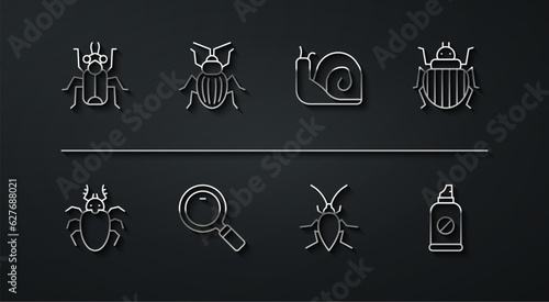 Set line Beetle bug, deer, Colorado beetle, Cockroach, Magnifying glass, Chafer, Spray against insects and Snail icon. Vector