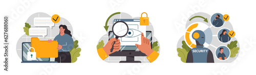 Cyber or web security set. Artificial intelligence provide data protection