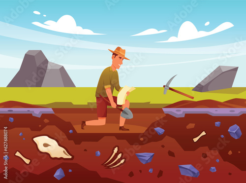 Vector archaeologist with excavation cartoon illustration