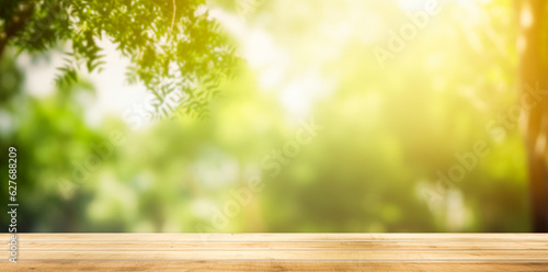 Empty wood tabletop in the foreground. In the background blurred beautifully in bokeh garden, nature, flowers. For mounting, banner. For advertising.. AI generation