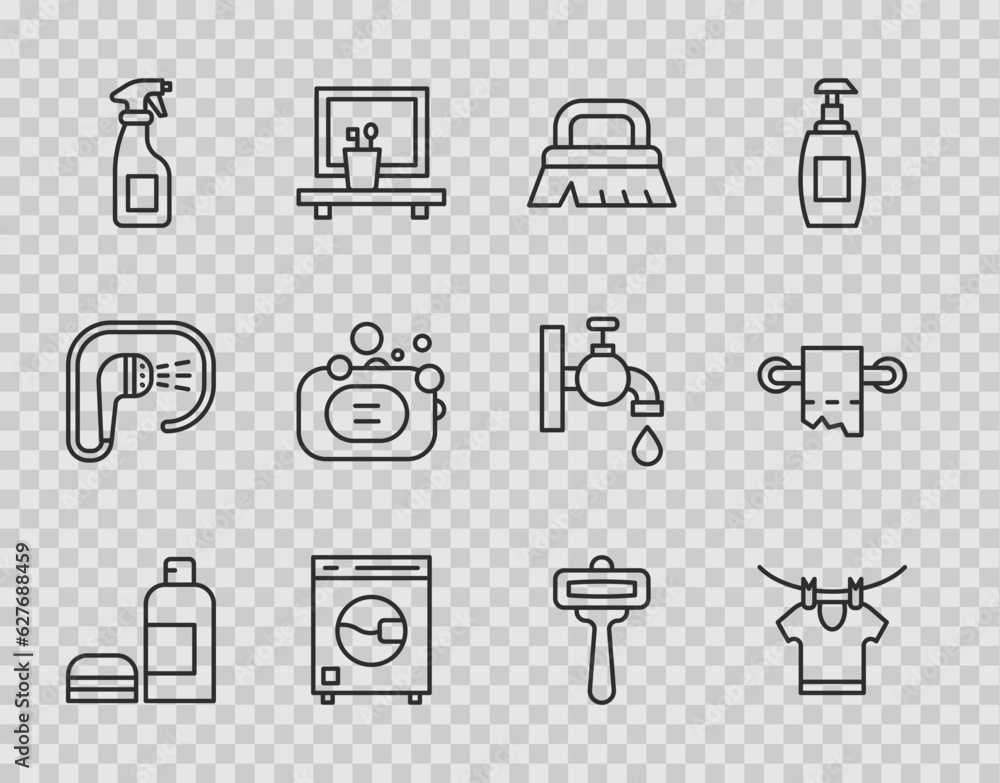 Set line Bottle of shampoo, Drying clothes, Brush for cleaning, Washer, Cleaning spray bottle, Bar soap, Shaving razor and Toilet paper roll icon. Vector Set line Bottle of shampoo, Drying clothes, Brush for cleaning, Washer, Cleaning spray bottle, Bar soap, Shaving razor and Toilet paper roll icon. Vector