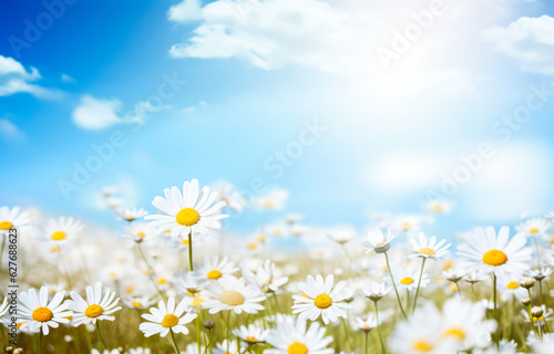 Summer or spring floral background. Wildflowers, sun glare, greenery, nature. banner. AI generation