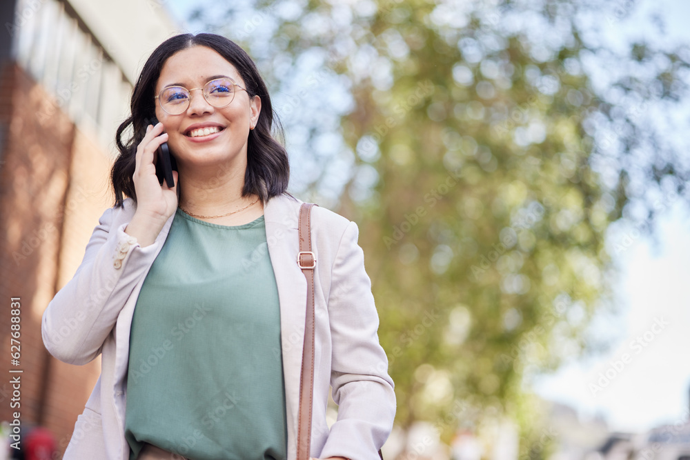 Phone call, city and business woman thinking of communication, networking and career opportunity for travel. Sidewalk, urban and professional person news, talking and outdoor walking with mobile voip Phone call, city and business woman thinking of communication, networking and career opportunity for travel. Sidewalk, urban and professional person news, talking and outdoor walking with mobile voip