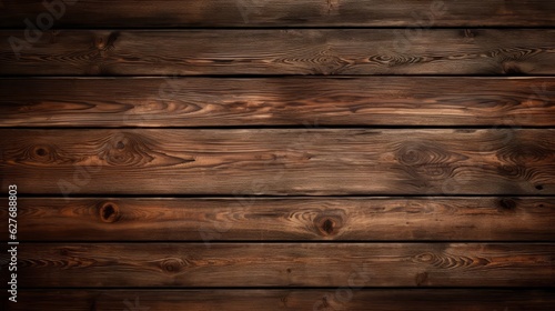 Old brown rustic dark grunge wooden timber wall or floor or table texture - Wood background banner, with vignette (Generative Ai)