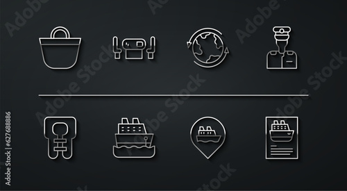 Set line Beach bag, Life jacket, Captain of ship, Location with cruise, Cruise, Poker table, and Worldwide icon. Vector