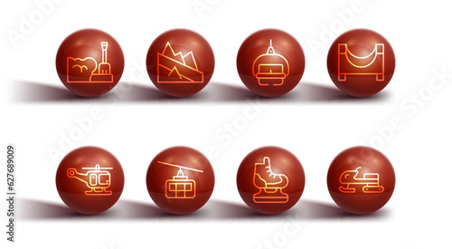Set line Shovel in snowdrift, Rescue helicopter, Skate park, Skates, Cable car, Mountain descent, Snowmobile and Ski lift icon. Vector