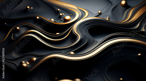 Incredible fantasy black and gold background. Balls, circles, golden drops. The texture of stucco, a wall with curves and inversions of black plastic, and mirror surfaces. AI generation